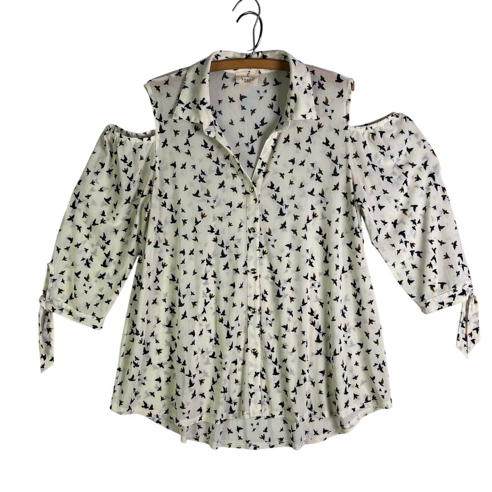EMBER Sheer Long Sleeve Button Front Bird Pattern Woman’s Blouse Size L